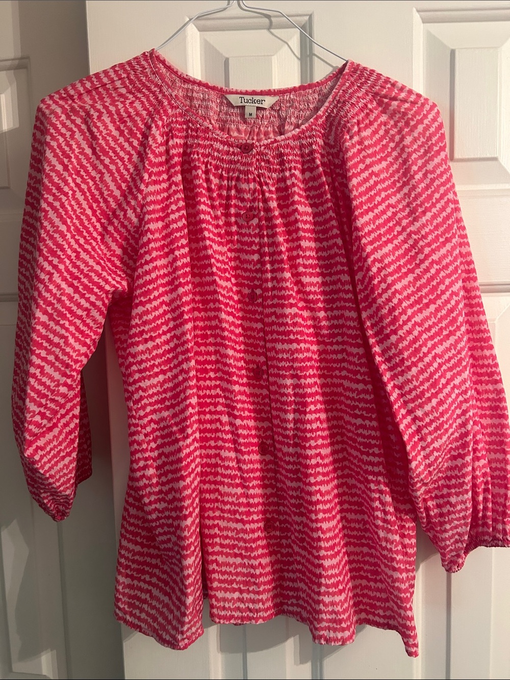 Tucker Pink and White Crewneck Peasant Blouse